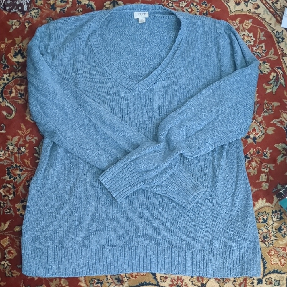 J. Crew Factory Heather Blue Cotton Slub V-Neck Sweater Size XL